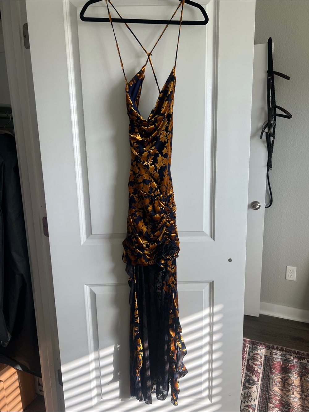 AKIRA Gold & Dark Navy Floral Backless Slip Dress - Picture 7 of 8